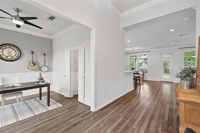 1137 Countryhill Dr, Keller, TX 76248 - office area with dark wood finished floors, ornamental molding, ceiling fan, recessed lighting, and wainscoting
