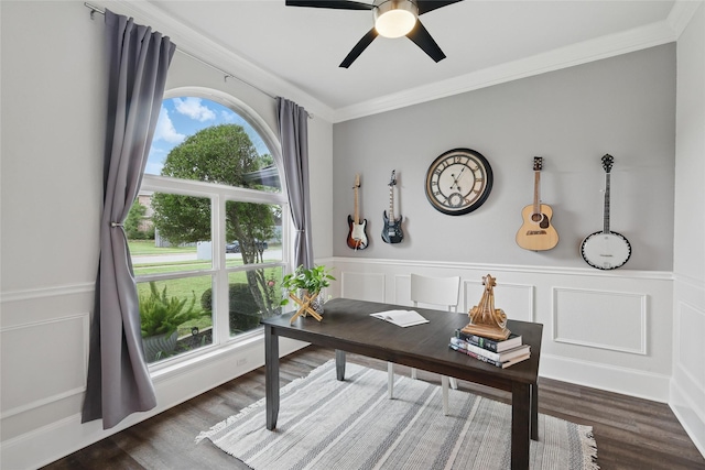 1137 Countryhill Dr, Keller, TX 76248 - office with crown molding, a ceiling fan, dark wood finished floors, and a wainscoted wall
