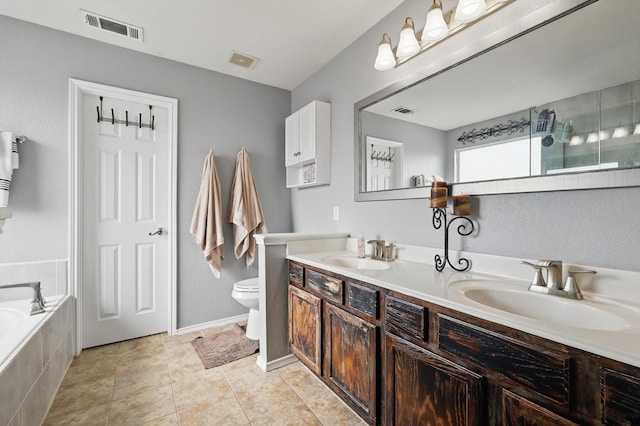 1500 Caymus Ct, Lewisville, TX 75067 - full bath featuring double vanity, toilet, tiled bath, and a shower