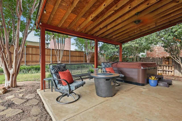 1500 Caymus Ct, Lewisville, TX 75067 - fenced backyard featuring a hot tub and a patio