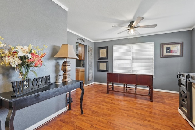 1500 Caymus Ct, Lewisville, TX 75067 - office with ceiling fan, light wood-style flooring, ornamental molding, and baseboards