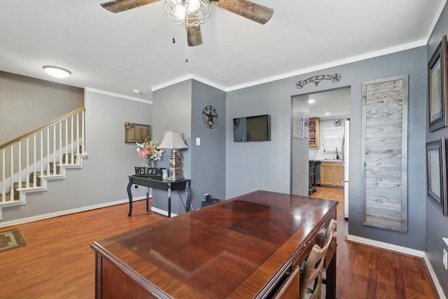 1500 Caymus Ct, Lewisville, TX 75067 - dining space featuring stairway, wood finished floors, a ceiling fan, baseboards, and ornamental molding