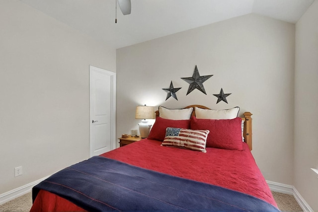 691 Hobie Point Dr, Lewisville, TX 75056 - bedroom with carpet floors, baseboards, a ceiling fan, and vaulted ceiling