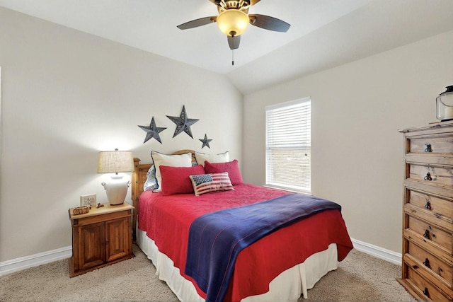 691 Hobie Point Dr, Lewisville, TX 75056 - bedroom with light carpet, baseboards, lofted ceiling, and ceiling fan
