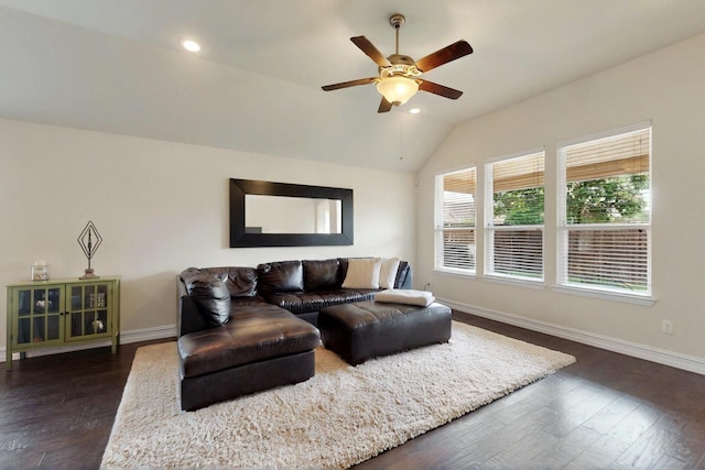 691 Hobie Point Dr, Lewisville, TX 75056 - living room with dark wood-style floors, baseboards, vaulted ceiling, ceiling fan, and recessed lighting