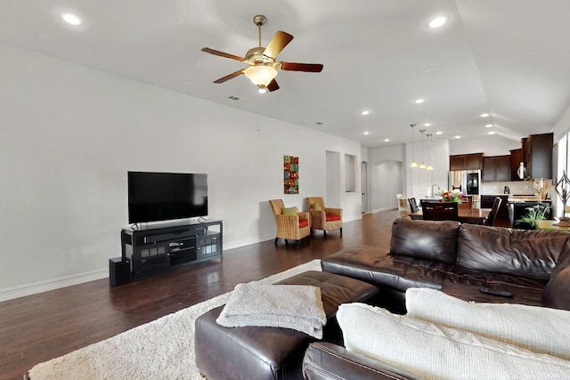 691 Hobie Point Dr, Lewisville, TX 75056 - living room with lofted ceiling, wood finished floors, a ceiling fan, baseboards, and recessed lighting