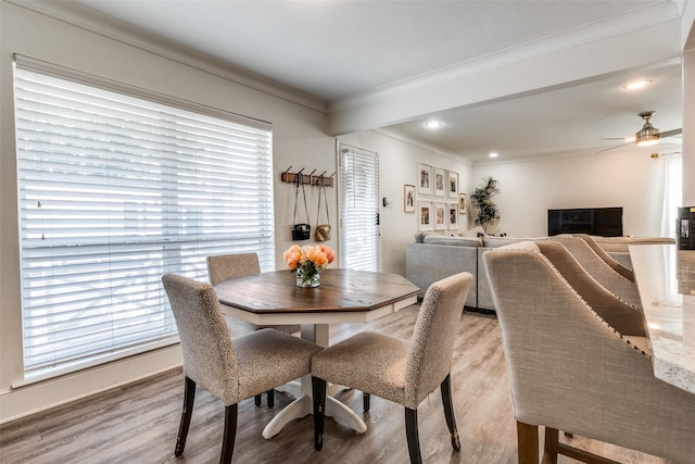 5927 E University Blvd Unit 217, Dallas, TX 75206 - dining room featuring ornamental molding, light wood-style flooring, ceiling fan, and recessed lighting