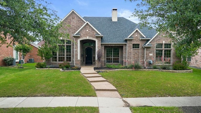 2425 Sir Lovel Ln, Lewisville, TX 75056 - view of front of property featuring a front lawn, brick siding, and a chimney