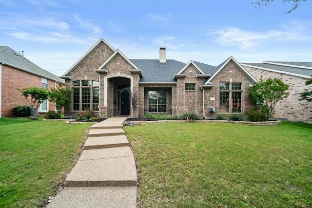 2425 Sir Lovel Ln, Lewisville, TX 75056 - view of front of home with brick siding, a front lawn, a chimney, and a shingled roof