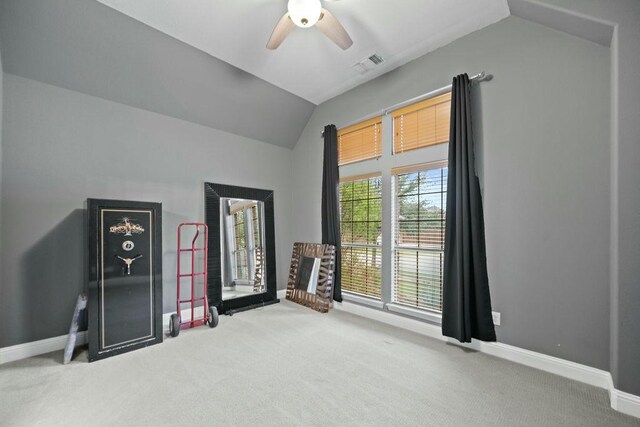 2425 Sir Lovel Ln, Lewisville, TX 75056 - interior space with carpet flooring, lofted ceiling, baseboards, and a ceiling fan