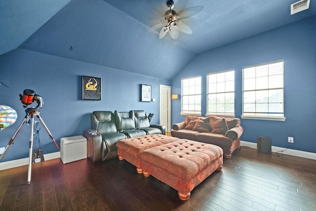 2425 Sir Lovel Ln, Lewisville, TX 75056 - living room featuring vaulted ceiling, ceiling fan, wood finished floors, and baseboards