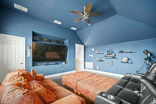 2425 Sir Lovel Ln, Lewisville, TX 75056 - cinema with lofted ceiling, ceiling fan, and baseboards