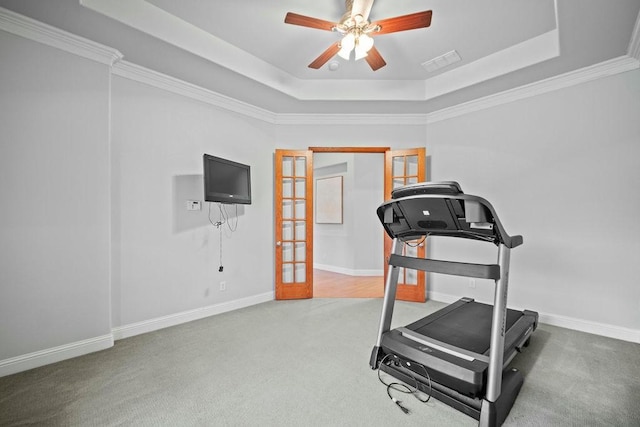 2425 Sir Lovel Ln, Lewisville, TX 75056 - workout room with a raised ceiling, ceiling fan, carpet flooring, baseboards, and ornamental molding
