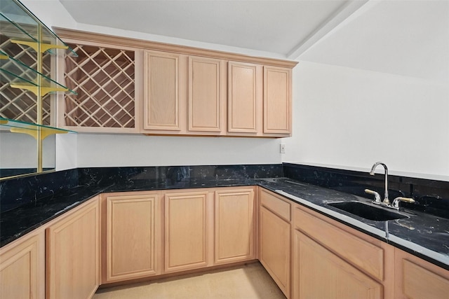 518 Hawthorne Dr, Murphy, TX 75094 - kitchen featuring a sink, light brown cabinetry, and dark stone counters