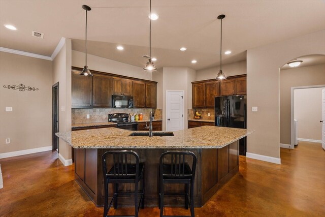 5861 Hayes Rd, Midlothian, TX 76065 - kitchen featuring black appliances, a sink, concrete flooring, backsplash, and ornamental molding