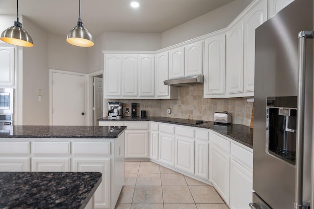 8400 Halliford Ct, Plano, TX 75024 - kitchen with stainless steel appliances, under cabinet range hood, backsplash, white cabinets, and recessed lighting