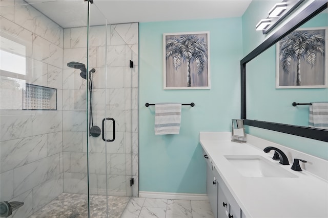 3720 Wharton Dr, Fort Worth, TX 76133 - bathroom with marble look tile flooring, baseboards, a stall shower, and vanity