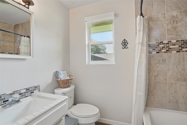 3720 Wharton Dr, Fort Worth, TX 76133 - full bath with vanity, toilet, shower / tub combo, decorative backsplash, and baseboards