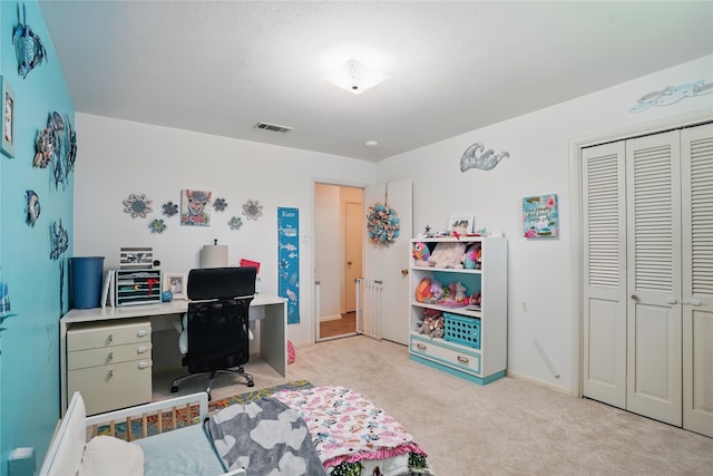3720 Wharton Dr, Fort Worth, TX 76133 - bedroom featuring light carpet, a closet, an office area, and baseboards