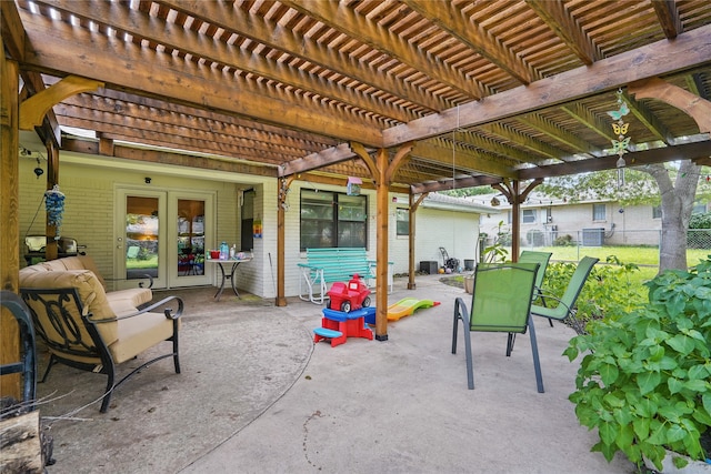 3720 Wharton Dr, Fort Worth, TX 76133 - view of patio / terrace featuring french doors, a pergola, and cooling unit