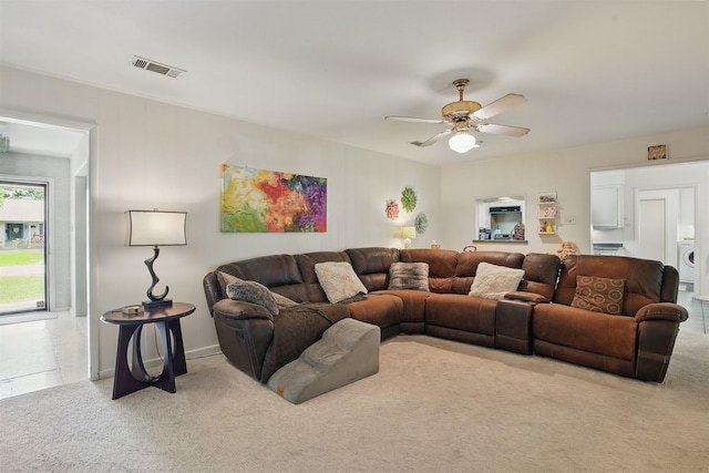 3720 Wharton Dr, Fort Worth, TX 76133 - carpeted living area with washer / dryer and a ceiling fan