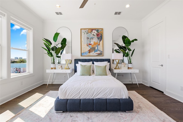 201 Carroll St, Fort Worth, TX 76107 - bedroom with ornamental molding, wood finished floors, baseboards, recessed lighting, and ceiling fan