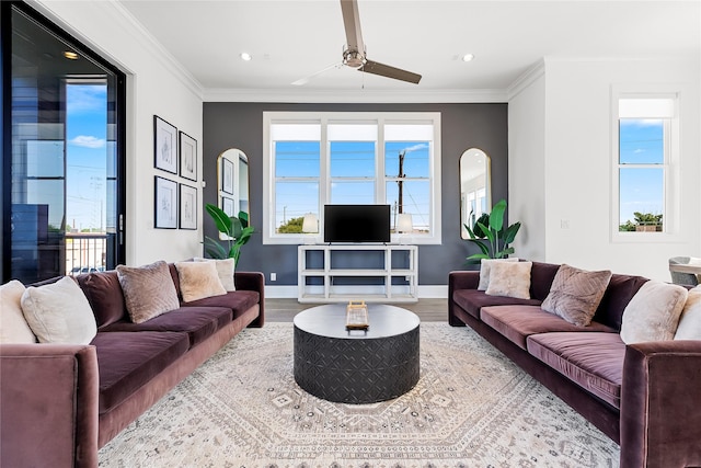201 Carroll St, Fort Worth, TX 76107 - living area featuring wood finished floors, ceiling fan, baseboards, crown molding, and recessed lighting