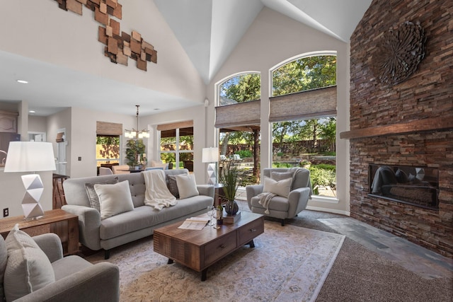 1817 Foxborough Trl, Flower Mound, TX 75028 - living room with a chandelier, a fireplace, and high vaulted ceiling