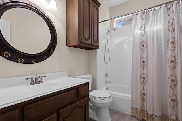 1817 Foxborough Trl, Flower Mound, TX 75028 - bathroom with vanity, toilet, shower / bathtub combination with curtain, and wood finished floors