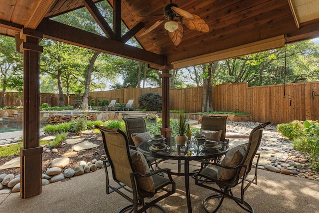 1817 Foxborough Trl, Flower Mound, TX 75028 - fenced backyard featuring outdoor dining space, ceiling fan, and a patio