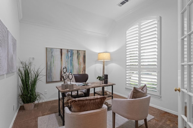 1817 Foxborough Trl, Flower Mound, TX 75028 - home office featuring carpet, crown molding, vaulted ceiling, and baseboards