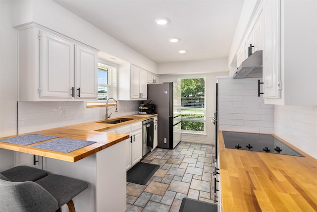529 Doubletree Dr, Highland Village, TX 75077 - kitchen featuring wooden counters, exhaust hood, stainless steel appliances, a sink, and white cabinetry
