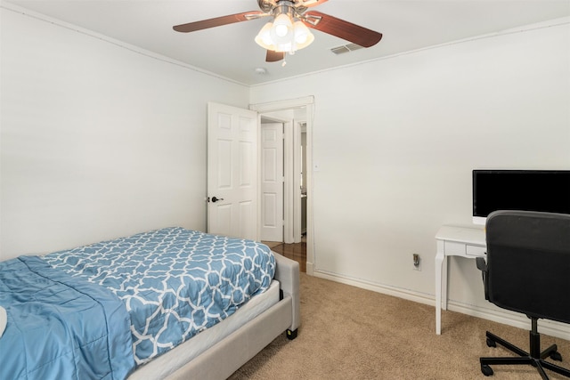 529 Doubletree Dr, Highland Village, TX 75077 - bedroom featuring light carpet, an office area, ceiling fan, ornamental molding, and baseboards