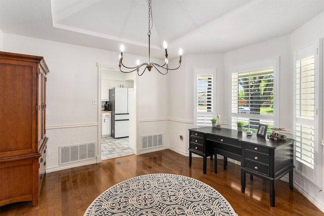 529 Doubletree Dr, Highland Village, TX 75077 - dining room with dark wood-style floors, a chandelier, a desk, lofted ceiling, and baseboards