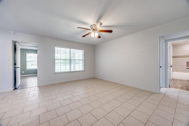 505 W Thomas St, Leonard, TX 75452 - empty room featuring ceiling fan, ornamental molding, light tile patterned flooring, and baseboards