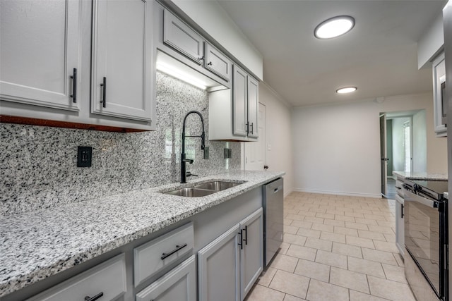 505 W Thomas St, Leonard, TX 75452 - kitchen with a sink, black electric range, gray cabinetry, tasteful backsplash, and baseboards