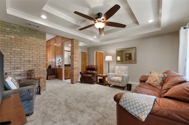 2818 Summit Ridge St, Grapevine, TX 76051 - living area with a raised ceiling, crown molding, light colored carpet, ceiling fan, and recessed lighting