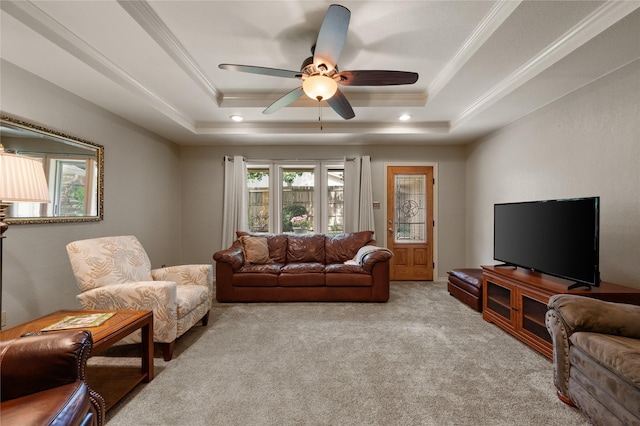 2818 Summit Ridge St, Grapevine, TX 76051 - living room with a raised ceiling, light carpet, crown molding, and a ceiling fan