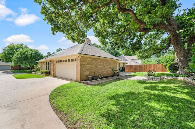 2818 Summit Ridge St, Grapevine, TX 76051 - view of side of property featuring brick siding, a chimney, concrete driveway, a garage, and a shingled roof