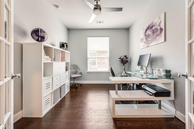 1317 Roadrunner Dr, Little Elm, TX 75068 - office area with dark wood finished floors, ceiling fan, and baseboards