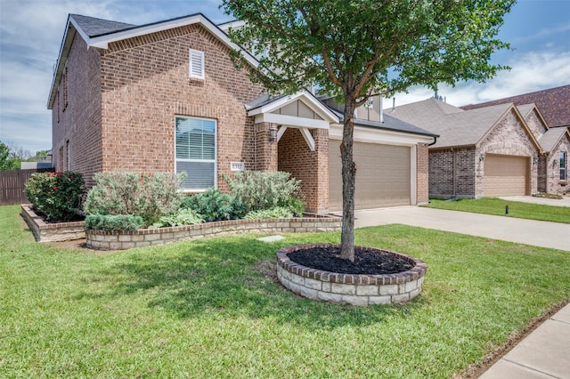 1317 Roadrunner Dr, Little Elm, TX 75068 - view of front of home featuring brick siding, concrete driveway, a garage, and a front lawn
