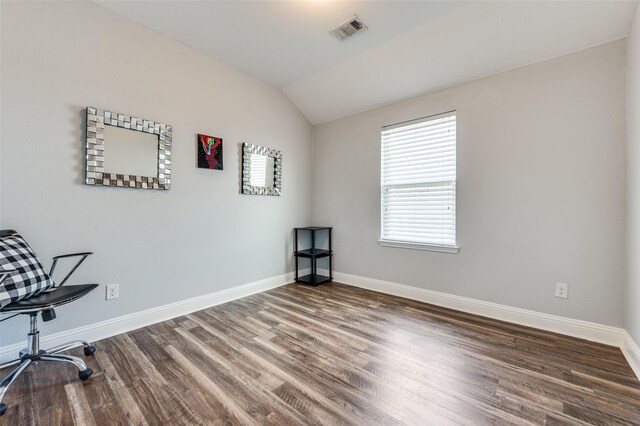 1317 Roadrunner Dr, Little Elm, TX 75068 - unfurnished office with wood finished floors, lofted ceiling, and baseboards