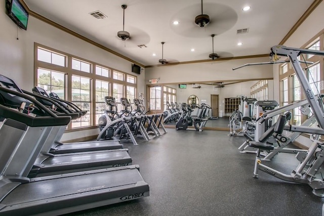 1317 Roadrunner Dr, Little Elm, TX 75068 - gym featuring crown molding, ceiling fan, and recessed lighting