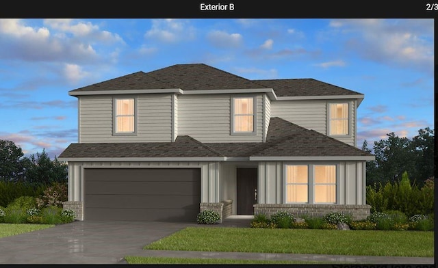 1932 Coleto Rd, Crandall, TX 75114 - traditional-style home featuring driveway, an attached garage, a shingled roof, a yard, and board and batten siding