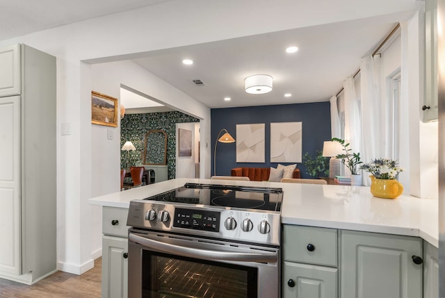 1236 Richland Oaks Dr, Richardson, TX 75081 - kitchen with stainless steel electric range oven, light countertops, light wood-style floors, recessed lighting, and a peninsula