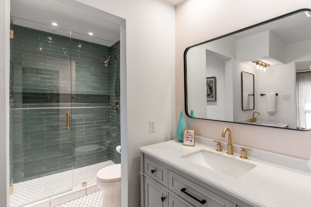 1236 Richland Oaks Dr, Richardson, TX 75081 - bathroom featuring toilet, a stall shower, vanity, tile patterned floors, and recessed lighting