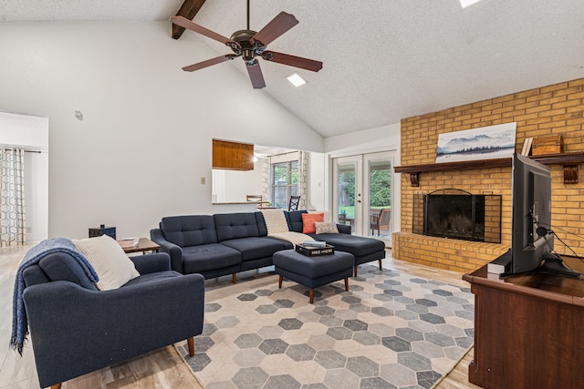 140 Amory Dr, Benbrook, TX 76126 - living area featuring high vaulted ceiling, ceiling fan, beam ceiling, a textured ceiling, and a fireplace
