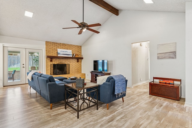140 Amory Dr, Benbrook, TX 76126 - living room with light wood-style floors, high vaulted ceiling, ceiling fan, beam ceiling, and baseboards