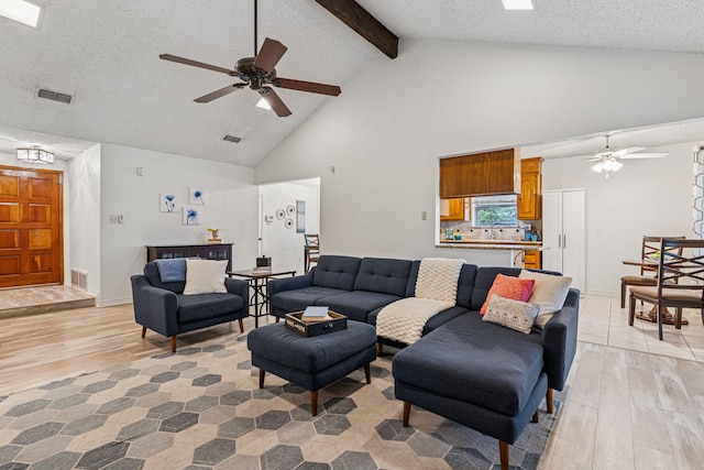 140 Amory Dr, Benbrook, TX 76126 - living area featuring ceiling fan, light wood finished floors, high vaulted ceiling, beam ceiling, and a textured ceiling