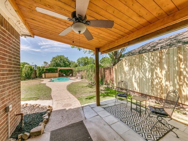 750 Pulitzer Ln, Allen, TX 75002 - fenced backyard featuring ceiling fan and a patio